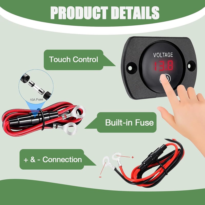 Sumklin 2PCS Red Light Battery Voltage Gauge DC 12V 24V Digital Display Voltage Meter Waterproof Voltmeter with Touch Switch for Boat Marine ATV Car Motorcycle Truck Boat RV - Image 3
